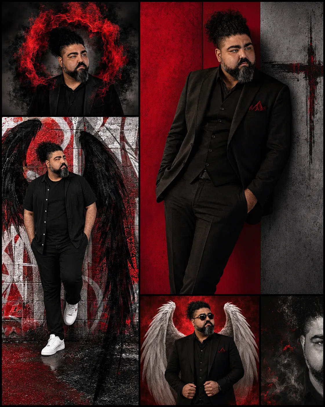 Cinematic red and black visual portrait of Symeon Shawn